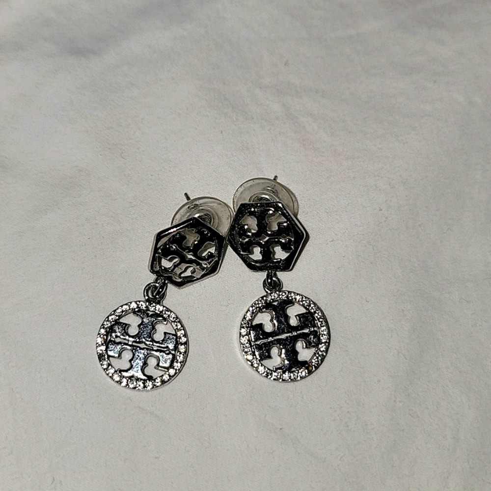 Tory Burch push- back dangle earrings with crystals.
